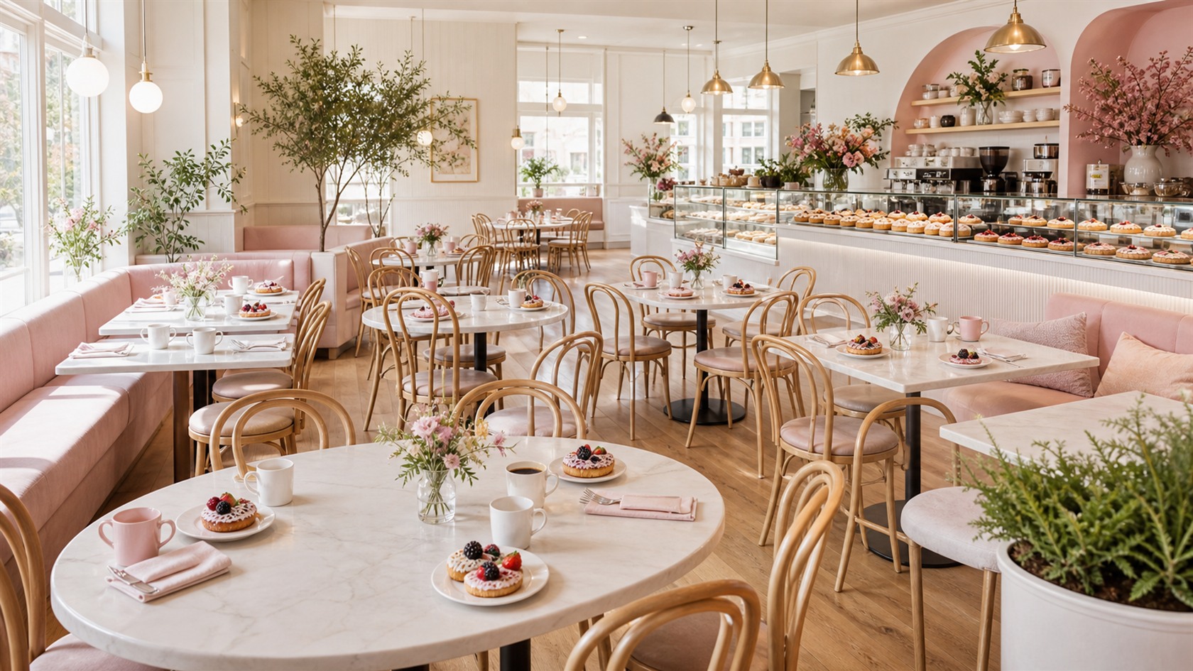 Daisy's Donuts cafe seating with blush banquettes, marble tables, coffee, flowers, and donut plates